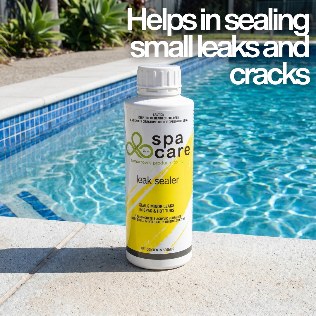 A 500ml bottle of Spa Care Leak Sealer by Lo-Chlor on a swimming pool edge, a product to fix minor leaks in concrete and acrylic pool shells and plumbing.