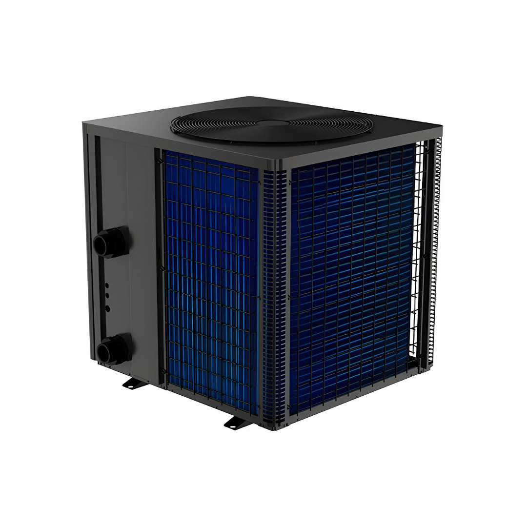 Three-quarter top angled view of a dark grey Madimack Eclipse Plus swimming pool heat pump, displaying the top-mounted fan grille, side plumbing ports, and blue protective wrap over the evaporator coils.