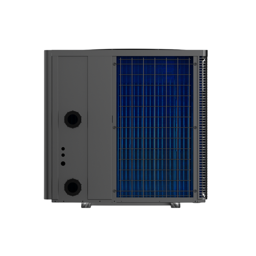 Direct side profile view of a dark grey Madimack Eclipse Plus pool heat pump, showcasing the water connection inlet and outlet ports alongside the large blue evaporator coil ventilation grille.