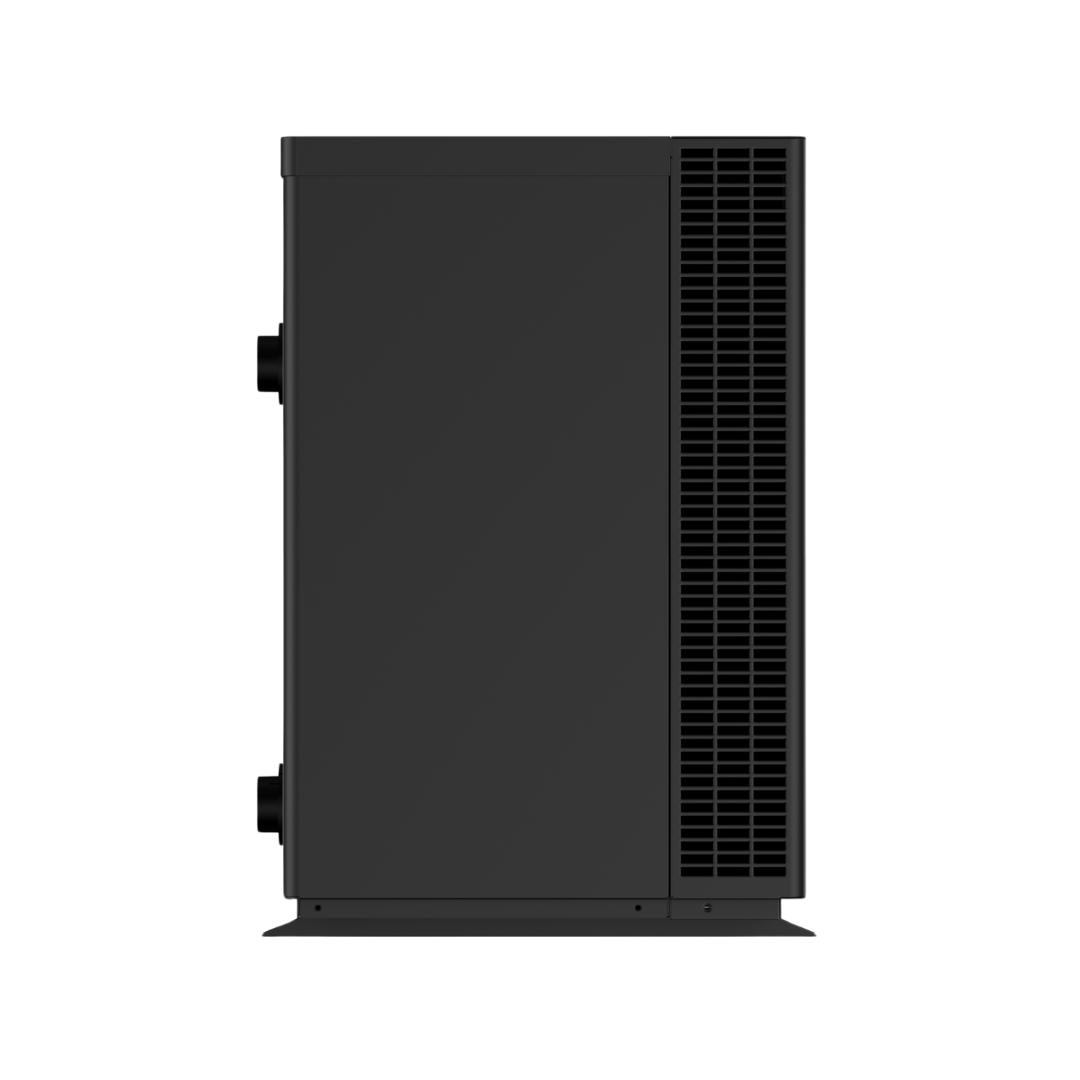 Direct profile side view of a dark grey Madimack Elite V4 swimming pool heat pump, displaying the vertically oriented ventilation grille panel on the right and two plumbing connection ports on the left.