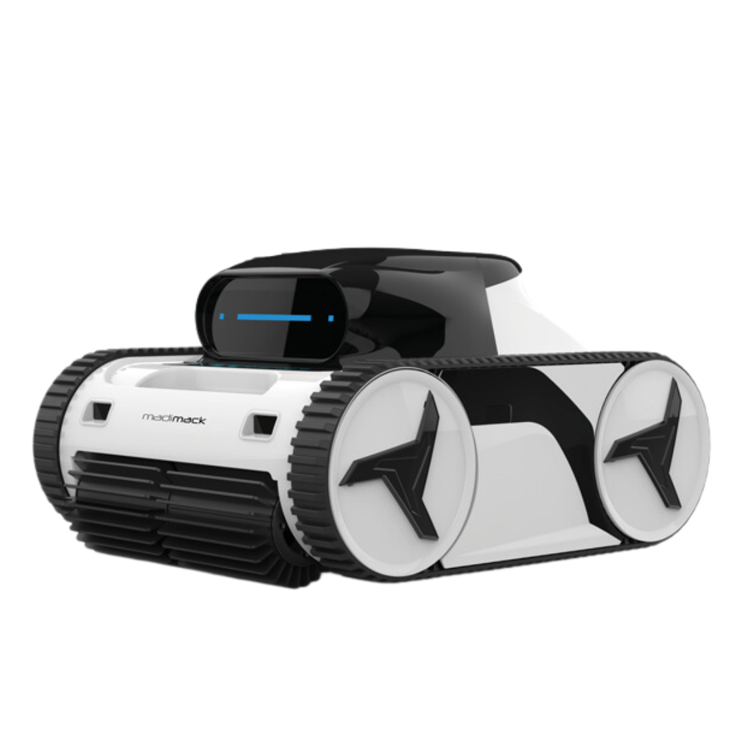 Front three-quarter studio view of a Madimack Freedom i80 cordless robotic pool cleaner, featuring white body casing, black caterpillar tracks over white three-spoke wheels, front scrubbing roller brush, and black sensor unit with a horizontal blue LED status display isolated on white.