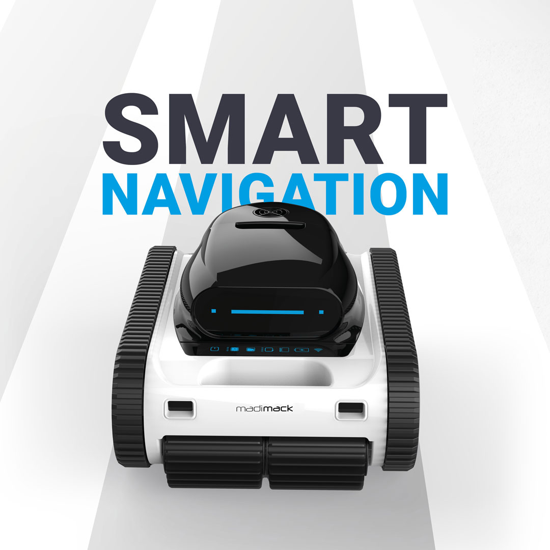Promotional graphic for the Madimack Freedom i45 cordless robotic pool cleaner highlighting Smart Navigation, featuring a front view of the unit positioned over abstract clean navigation pathway graphics.