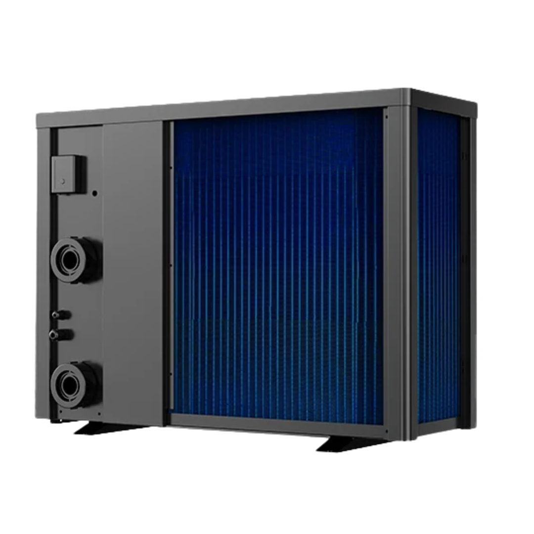 Three-quarter rear-angled studio view of a dark grey Madimack InverECO Plus series pool heat pump, highlighting the bright blue internal evaporator coils spanning the back and wrap-around side, alongside a solid grey utility panel featuring multiple plumbing inlet and outlet ports.