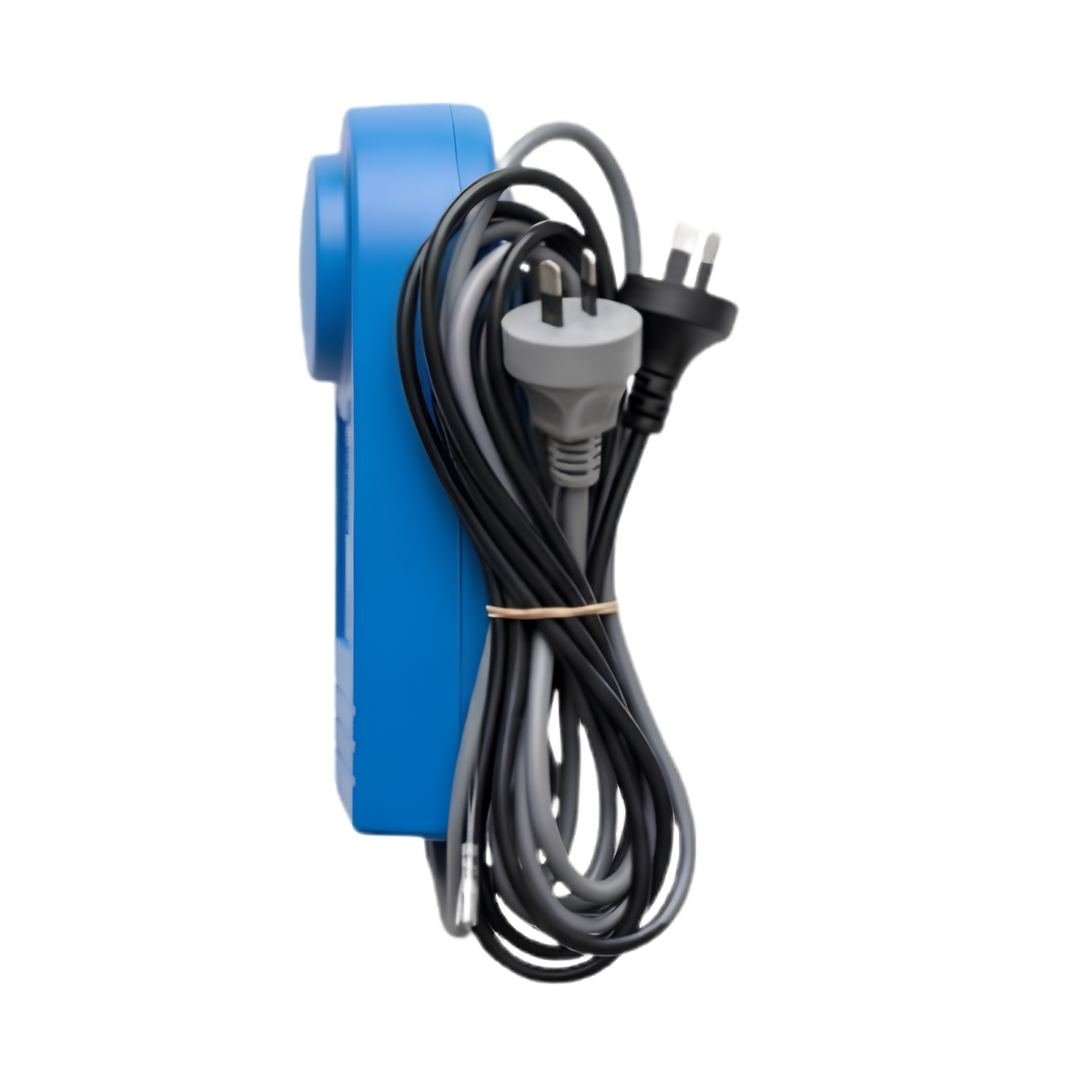 Side profile view of the Madimack MJ Box Pump Interface showing the slim blue wall mount casing with bundled electrical cords and Australian piggyback power plug