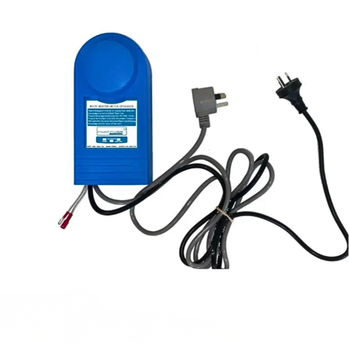 Madimack MJ Box Pump Interface controller with Australian three pin power plug and piggyback socket cords for pool heat pump override automation