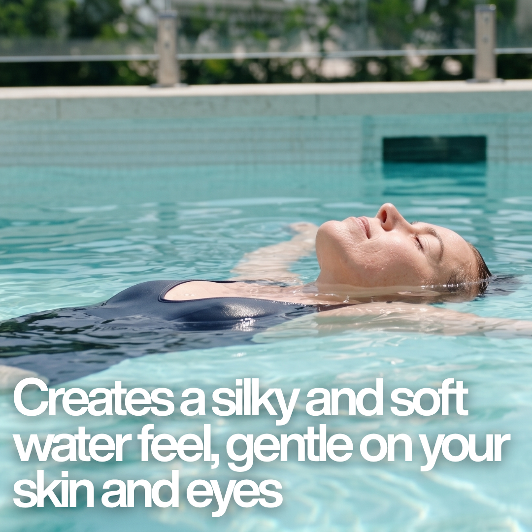 A woman floating peacefully in a pool with text overlay: "Creates a silky and soft water feel, gentle on your skin and eyes," showcasing the benefits of AstralPool Halo Mineral Switch.