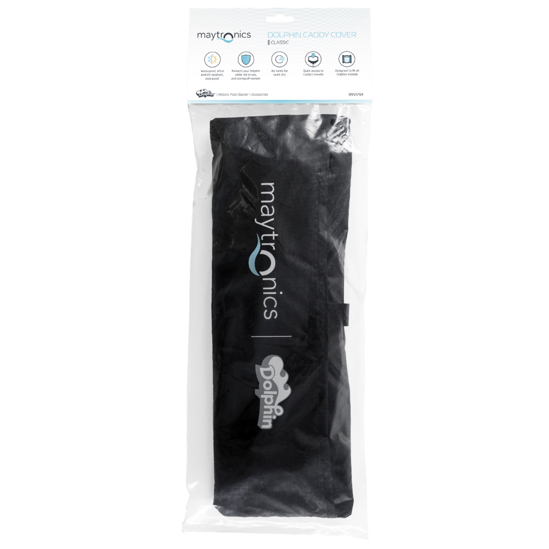 Front view studio product photo of the Maytronics Dolphin Classic Caddy Cover packaged in a transparent retail polybag on an isolated white background, displaying the Maytronics and Dolphin branding, feature icons, and product part number 9991794.