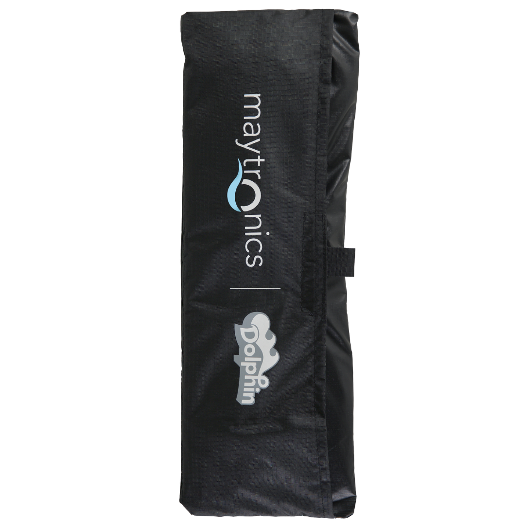 Studio product photo of the Maytronics Dolphin caddy cover neatly folded into its rectangular black storage case on an isolated white background, featuring printed white Maytronics and Dolphin brand logos with the blue wave accent.
