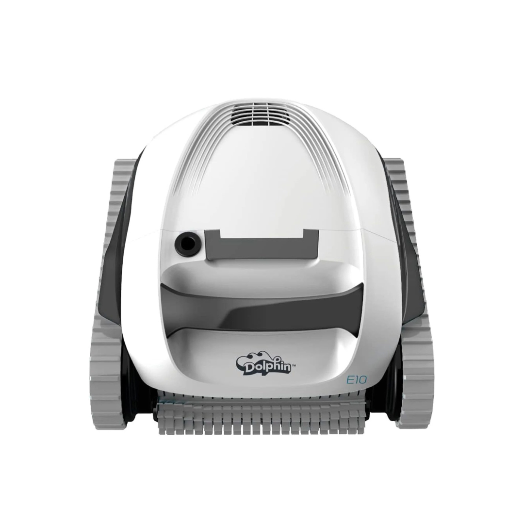 Top-down studio product view of the Maytronics Dolphin E 10 robotic pool cleaner on an isolated white background, showing its white body, dark grey handle, exhaust vent, and light grey continuous tracks.