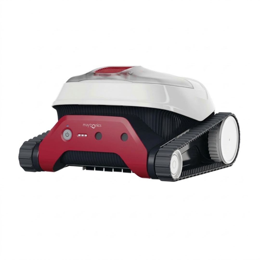 Studio view of a Maytronics Dolphin Liberty 200 robotic pool cleaner on a white background, featuring white top housing, a red rear accent panel with power button and LED indicators, and grey side track treads.