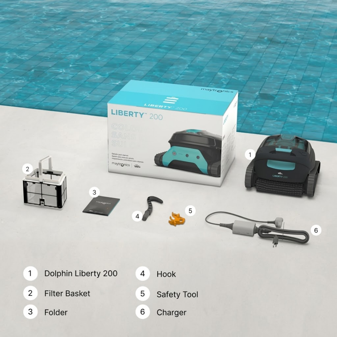 Product unboxing layout and diagram for the Maytronics Dolphin Liberty 200 robotic pool cleaner showing the retail box alongside numbered components: 1 Dolphin Liberty 200 unit, 2 Filter Basket, 3 Folder, 4 Hook, 5 Safety Tool, and 6 Charger.