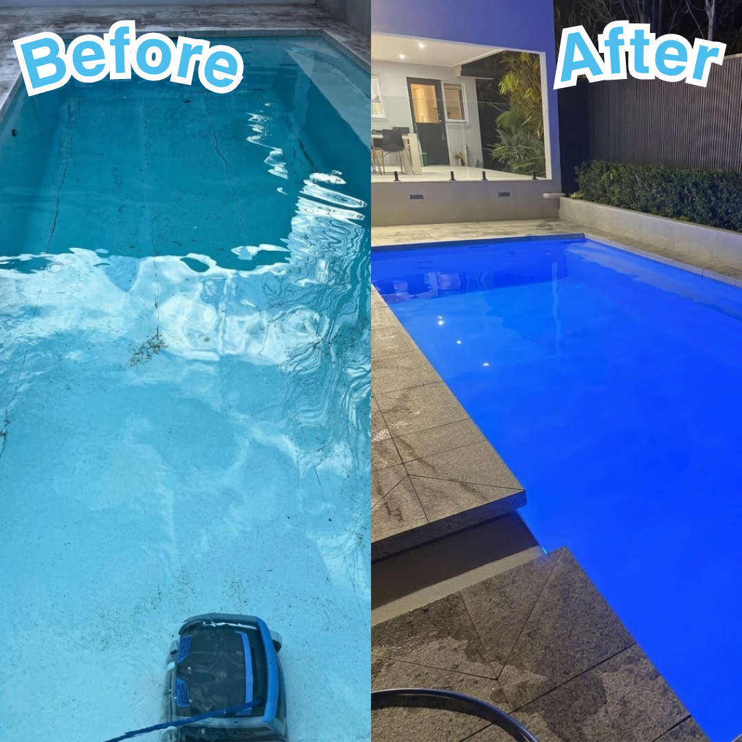 Split-screen comparison showing a dirty pool with algae and debris being cleaned by a Maytronics Dolphin M 700 on the left (Before) versus a crystal clear, illuminated blue pool at night on the right (After).
