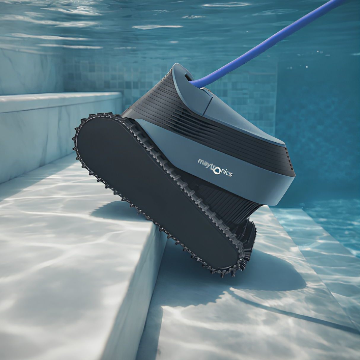 Maytronics Dolphin S1000 robotic pool cleaner climbing and scrubbing tiled swimming pool steps underwater