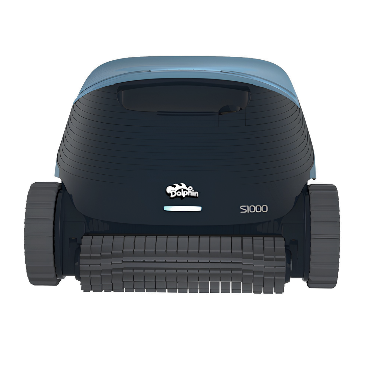 Front view of the Maytronics Dolphin S1000 automatic pool cleaner showcasing the large active scrubbing brush roller and center logo.