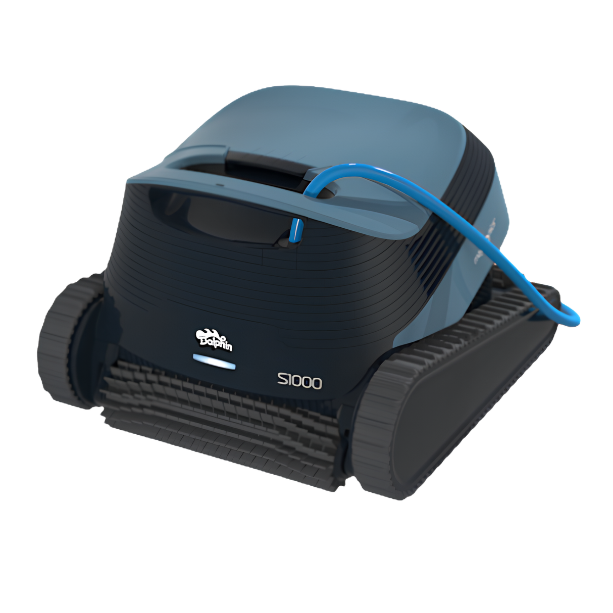 Maytronics Dolphin S1000 robotic pool cleaner showing the blue power cable, tracks, and active brush roller on a white background.