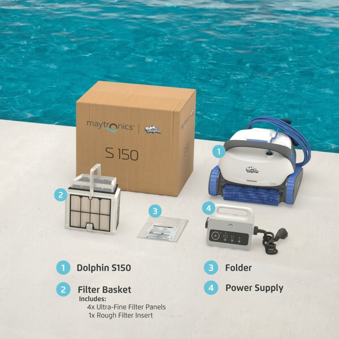 Numbered unboxing overview for the Maytronics Dolphin S 150 robotic pool cleaner showing its product packaging box alongside the main unit, filter basket with ultra-fine and rough filter inserts, user documentation folder, and power supply.