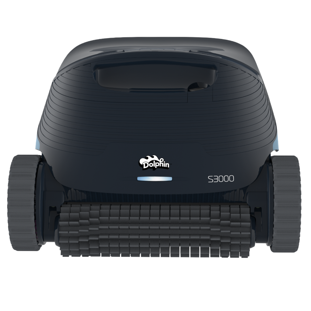 Straight-on front elevation studio view of the Maytronics Dolphin S3000 robotic pool cleaner on an isolated white background, detailing its front active scrubbing brush, central Dolphin logo, blue LED indicator light bar, S3000 model designation, and side track wheels.