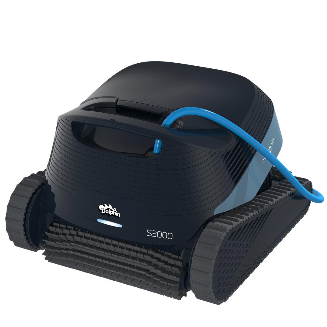 High-angle front three-quarter studio product view of the Maytronics Dolphin S3000 robotic pool cleaner on an isolated white background, showing its blue power cable attached to the top housing, dark navy chassis, active front scrubbing brush, illuminated LED light bar, and S3000 model branding.