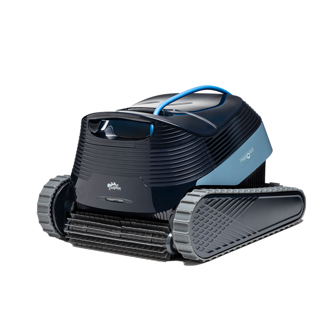 Front three-quarter studio product photo of the Maytronics Dolphin S3000 robotic pool cleaner on an isolated white background, detailing its dark navy main body, slate blue side panel with Maytronics branding, front active scrubbing brush, rubber track drive system, and blue carrying handle.
