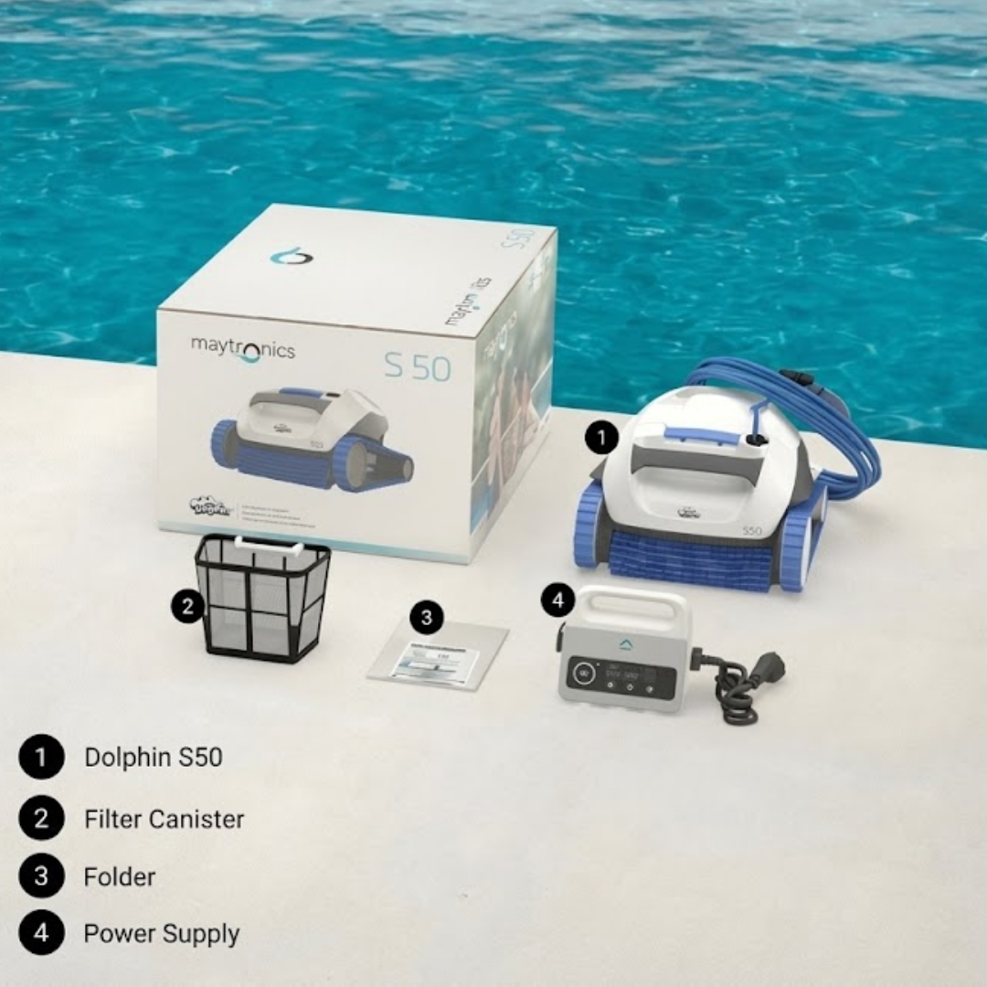 Numbered unboxing overview for the Maytronics Dolphin S 50 robotic pool cleaner showing its product box alongside the main unit, filter canister, user documentation folder, and power supply unit.