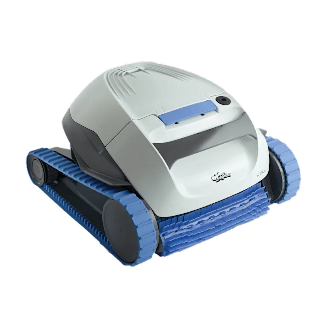 Studio product view of the Maytronics Dolphin S 50 robotic pool cleaner on a white background, featuring a white and grey body with blue continuous tracks and an active front scrubbing brush.