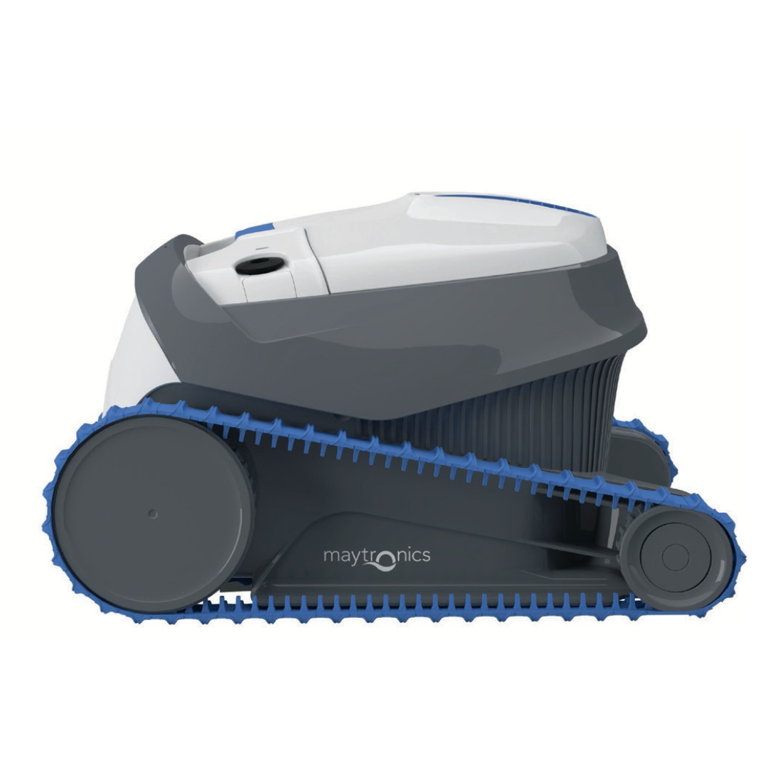 Studio side profile view of the Maytronics Dolphin S 50 robotic pool cleaner on a white background, highlighting its white and grey body structure and blue continuous tracks.