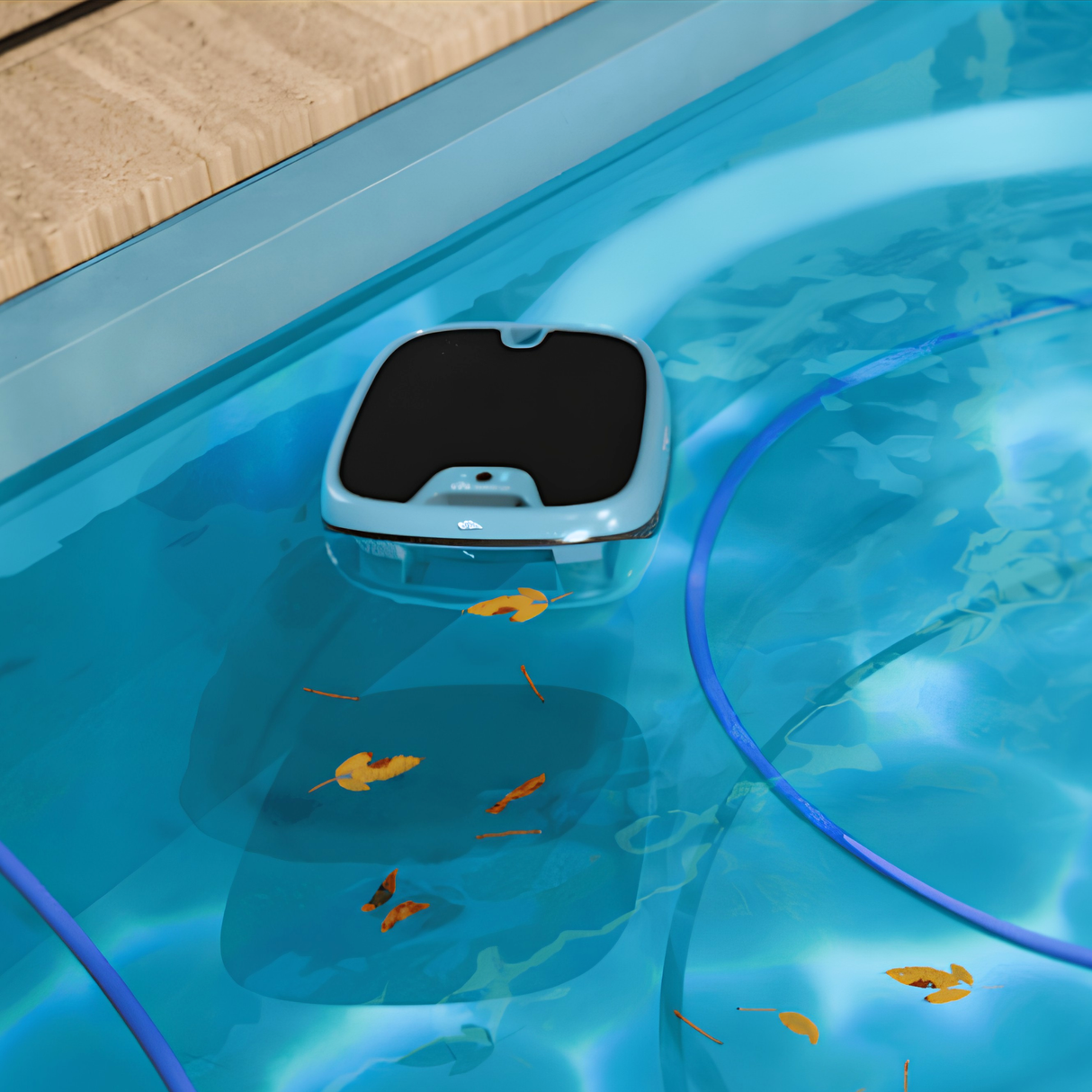 Overhead view of a light blue Maytronics Dolphin Skimmi 300 solar pool robot skimming floating brown leaves from the water surface.