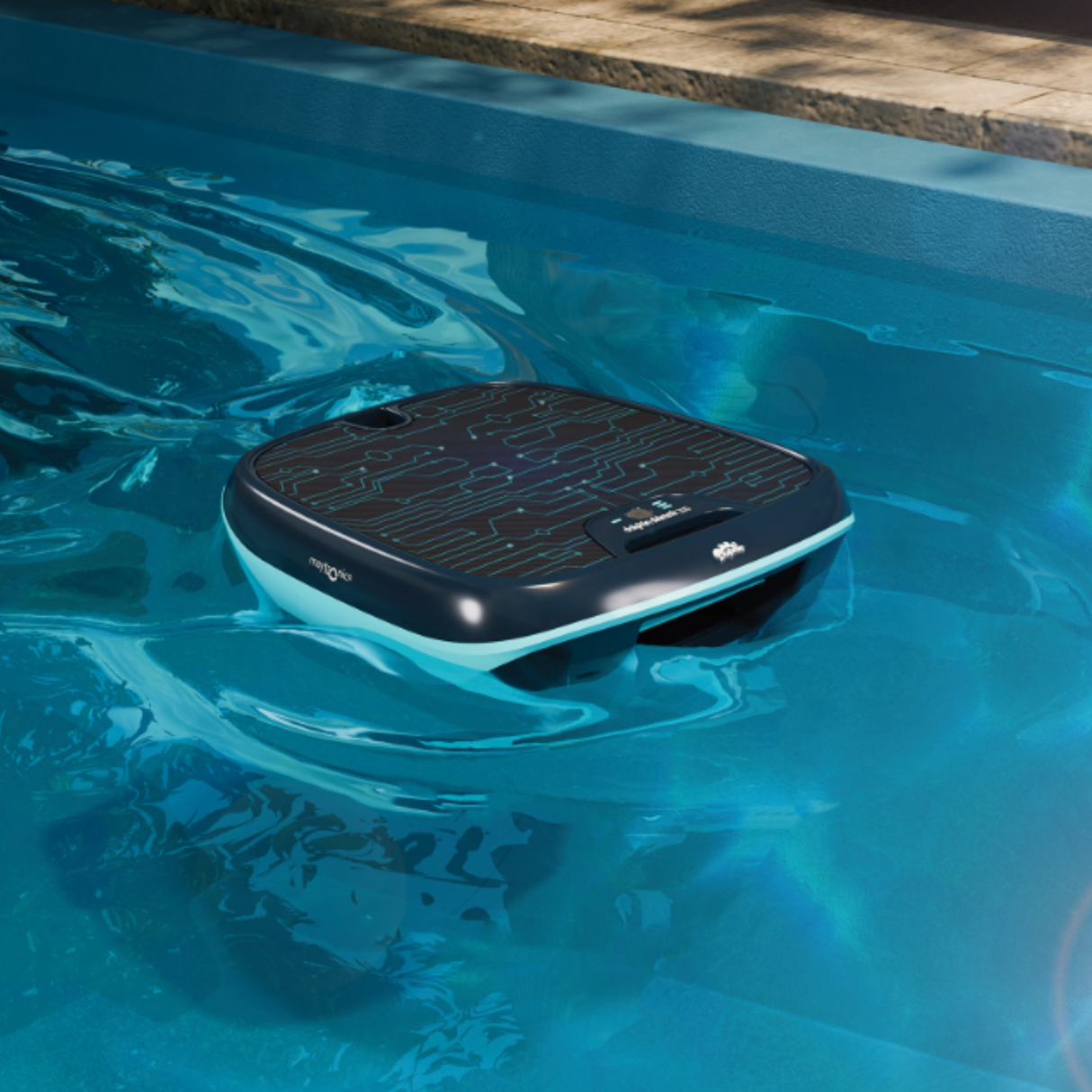 An active Maytronics Dolphin Skimmi solar pool robot floating in a pool with a glowing circuit pattern overlay representing smart navigation.