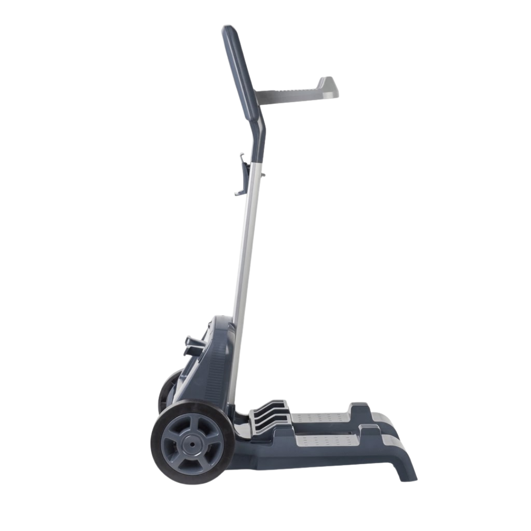 Side elevation studio view of an empty Maytronics Dolphin universal pool cleaner transport caddy on an isolated white background, displaying its dark grey molded base frame, side wheel, silver upright column, top angled handle, and rear cable storage hook.