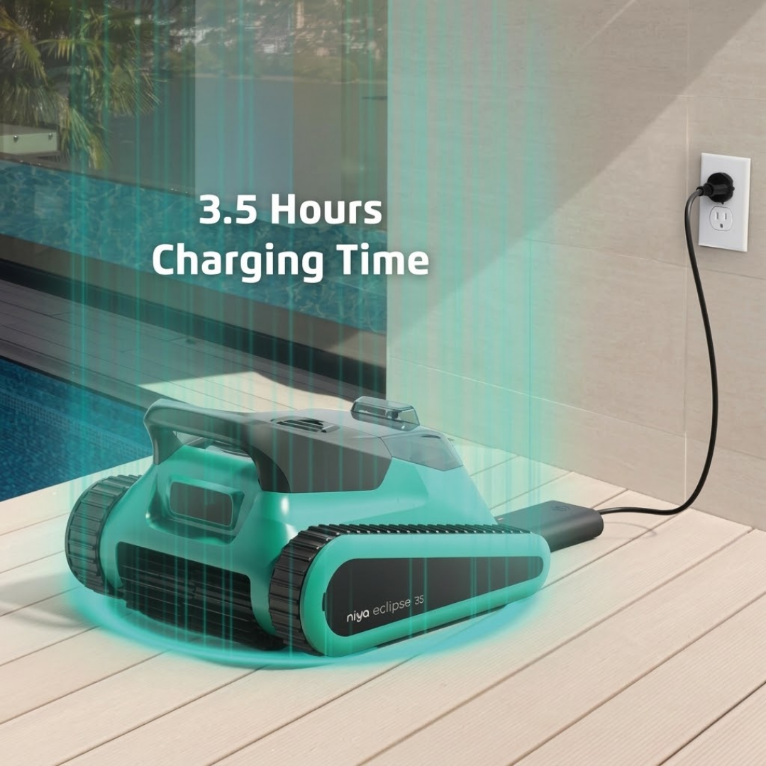 Promotional graphic for the Maytronics Niya Eclipse 35 robotic pool cleaner highlighting 3.5 Hours Charging Time, showing the unit resting on poolside decking connected to a wall outlet power charger.