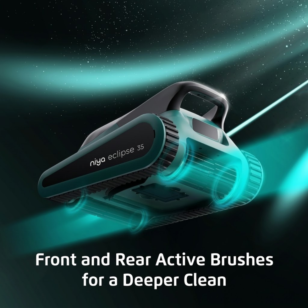 Promotional graphic for the Maytronics Niya Eclipse 35 robotic pool cleaner highlighting "Front and Rear Active Brushes for a Deeper Clean," featuring a low-angle view with glowing teal motion graphic rings around the front and rear scrubbing brushes.