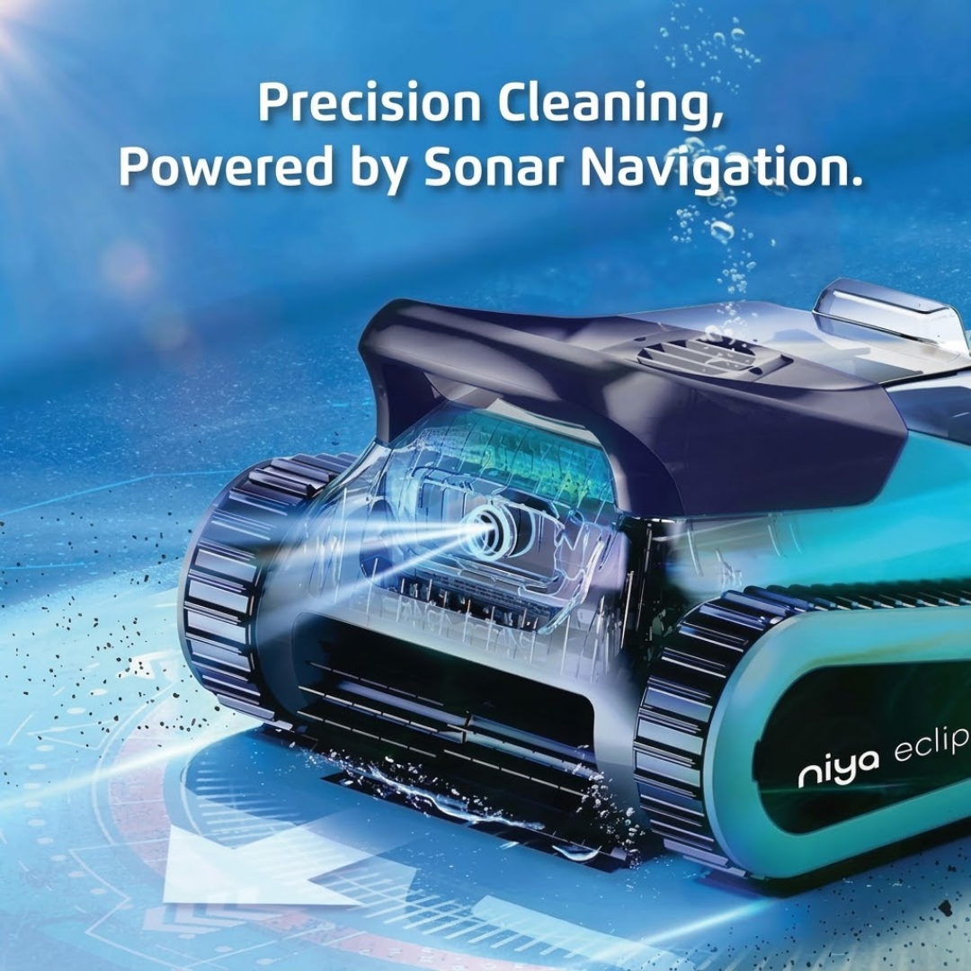 Promotional graphic for the Maytronics Niya Eclipse 35 robotic pool cleaner highlighting "Precision Cleaning, Powered by Sonar Navigation," featuring a close-up translucent view of the front sonar sensor projecting light beams underwater.