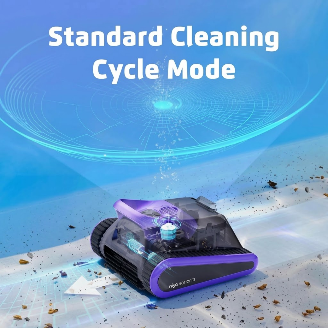Promotional infographic for the Maytronics Niya Sonar F3 robotic pool cleaner highlighting "Standard Cleaning Cycle Mode," featuring an X-ray cutaway view of the purple-accented unit navigating along a debris-covered pool floor.