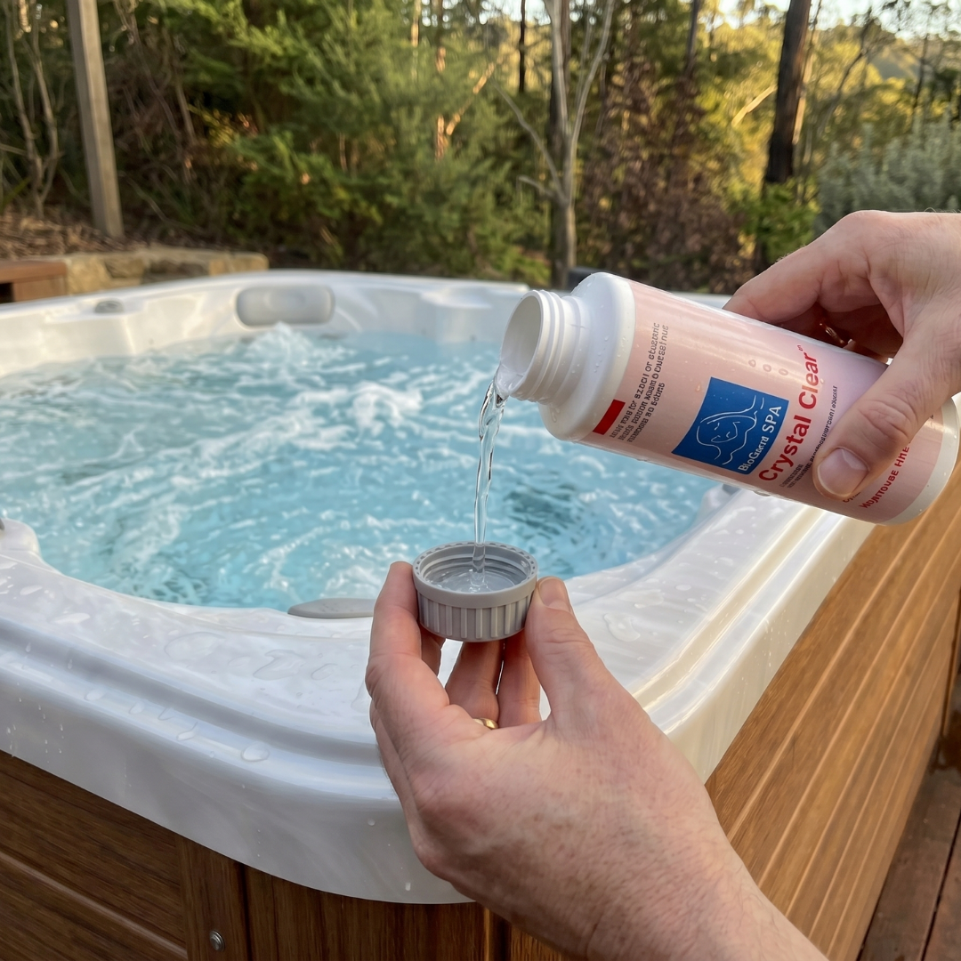A close-up of a person pouring liquid from a bottle of BioGuard SPA Crystal Clear water clarifier into its grey measuring cap. A bubbling outdoor hot tub and green trees are visible in the background, showing how to dose the spa clarifier.