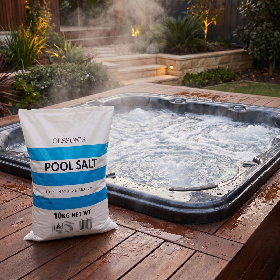 A 10kg bag of Olsson's 100% Natural Sea Salt sitting on a timber deck next to a steaming outdoor hot tub spa with bubbling water.