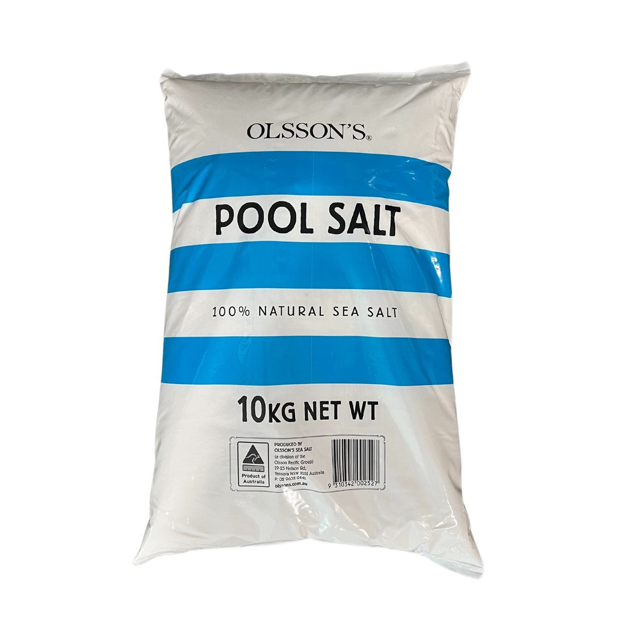 Olsson's 10kg bag of 100% natural sea salt for swimming pools, featuring a white bag with blue stripes and the "Product of Australia" logo.
