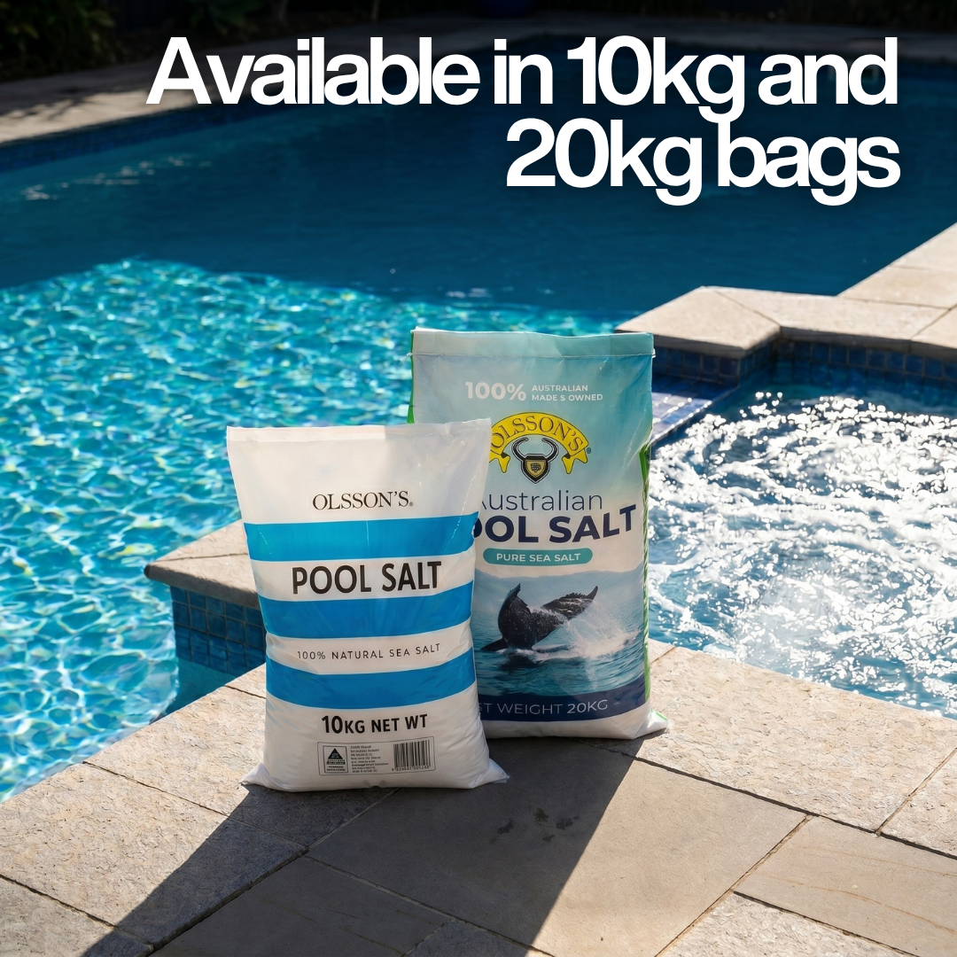 Olsson's Pool Salt products shown in 10kg and 20kg bags poolside, with text overlay "Available in 10kg and 20kg bags" against a blue swimming pool background.