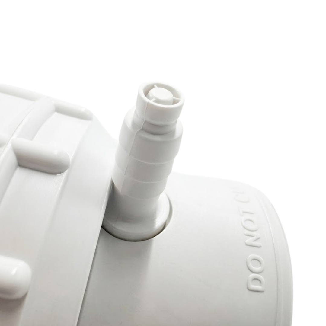Macro close-up shot of the white air bleed barb nipple on an Onga spa bath pump swivel tail union fitting isolated on white.