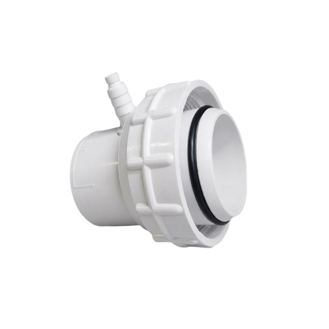 Front three-quarter view of a white Onga spa bath pump swivel tail union coupling showcasing the raised black O-ring seal, threaded lock collar, and top air bleed barb fitting isolated on white.