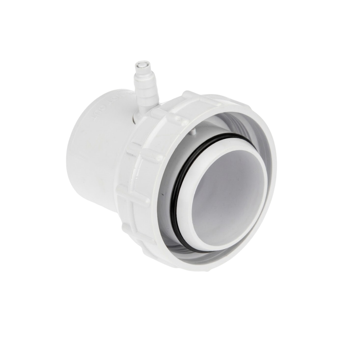 Front three-quarter view of a white Onga spa bath pump swivel tail union fitting showcasing the raised black O-ring seal, threaded lock nut, and vertical air bleed barb fitting isolated on white.
