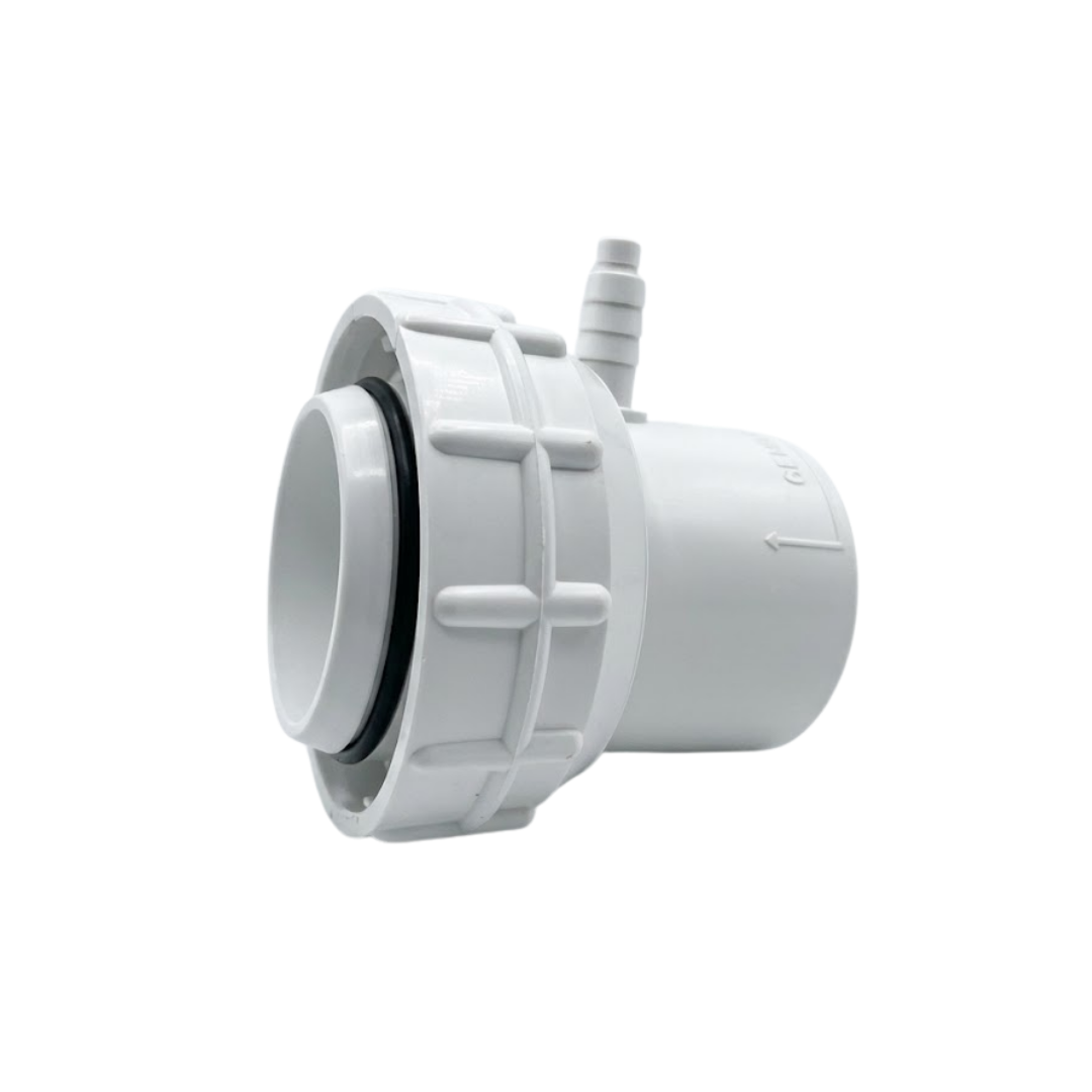 Side view of a white Onga spa bath pump swivel tail union fitting, displaying the black O-ring seal, ribbed lock ring, and vertical air bleed barb fitting isolated on white.