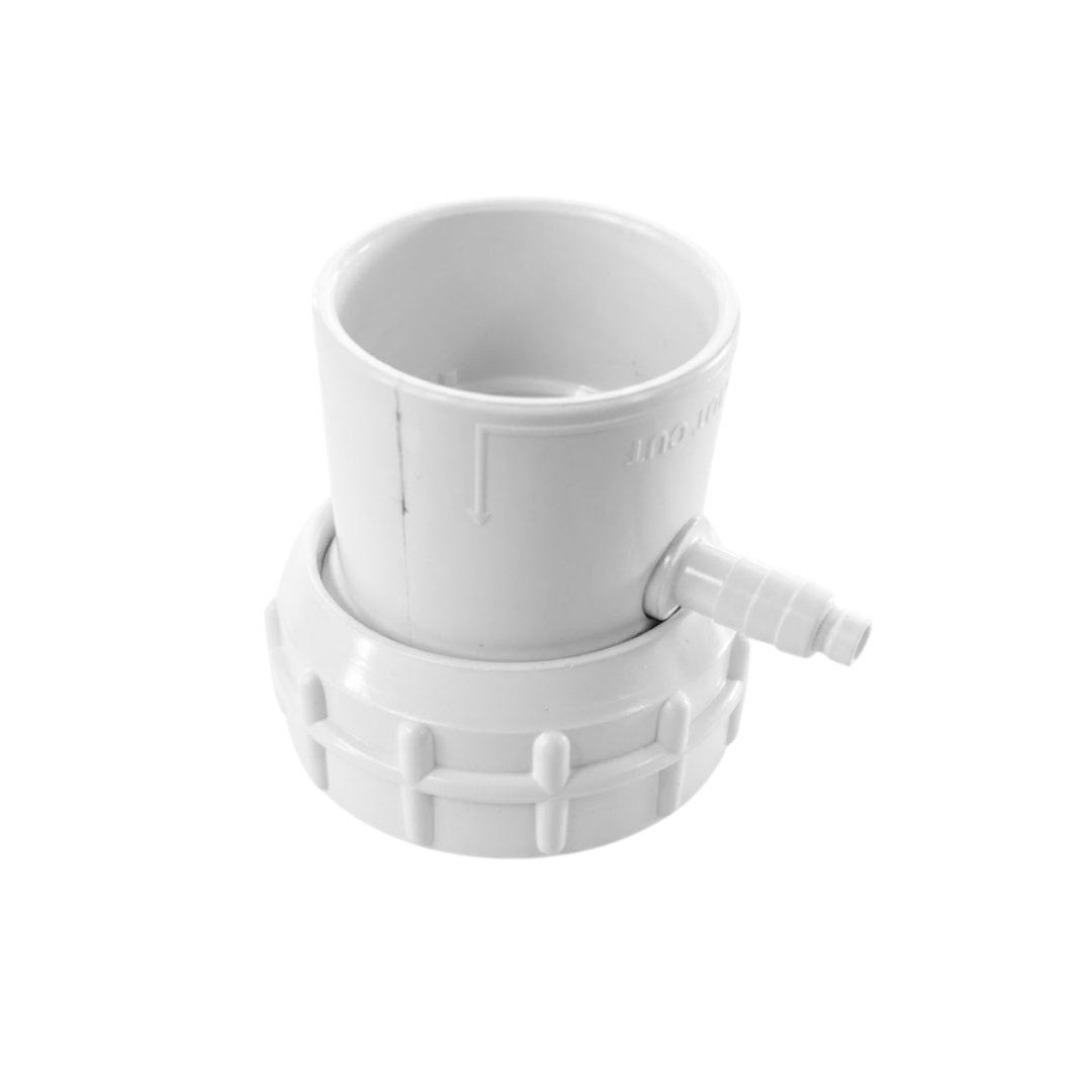High-angle studio shot of a white Onga spa bath pump swivel tail union fitting, displaying the open glue socket, ribbed lock ring, and protruding air bleed barb fitting isolated on white.