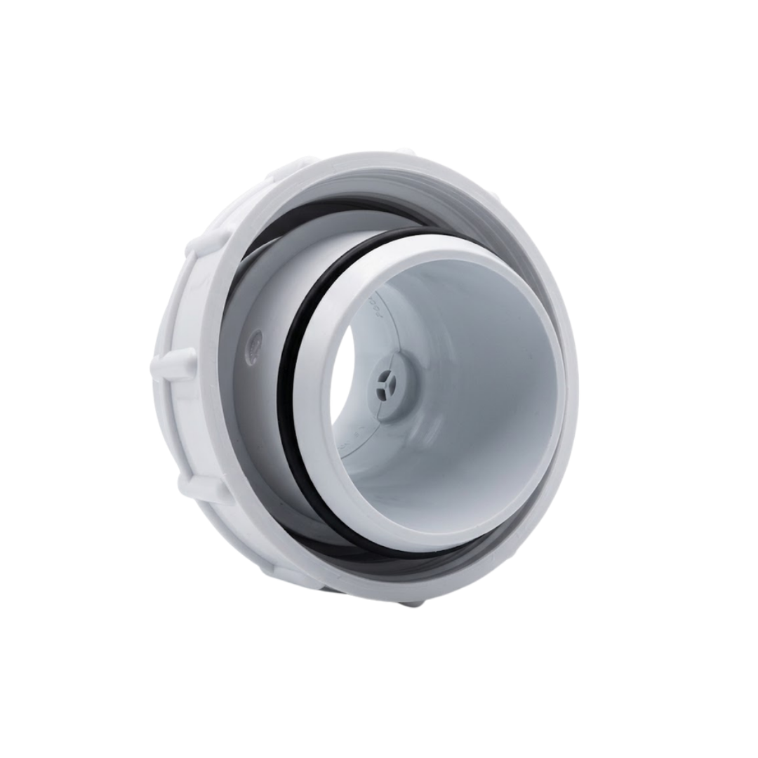 Direct end-on view showing the inner bore of a white Onga spa bath pump swivel tail union coupling, highlighting the black O-ring seal, internal air bleed valve inlet, and threaded outer collar isolated on white.