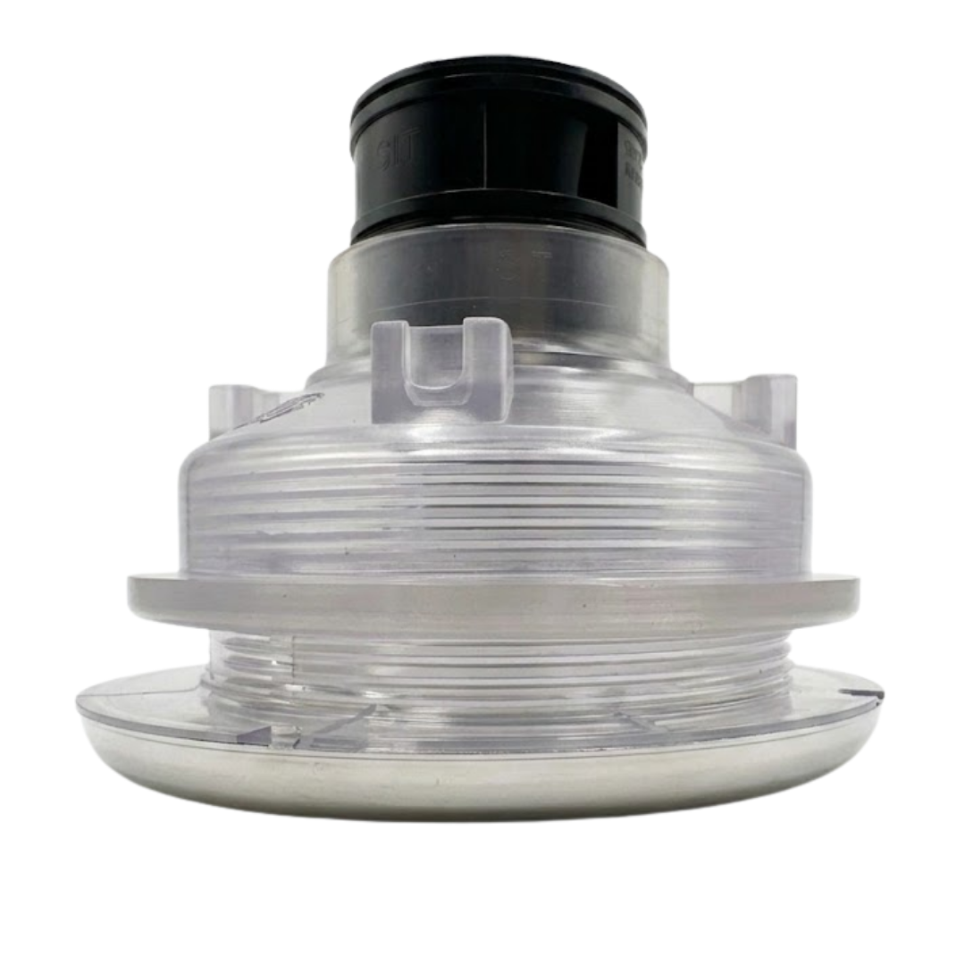 Profile view of the rear body and stem assembly on an Ovo Swim With Metal 2in SX 12in spa jet insert, showing the metallic face flange lip, clear plastic body housing with retention tabs, and black upper stem.