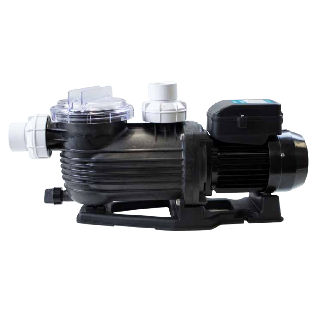Profile side studio view of a Pentair Onga Pantera PPP750 1.0 HP pool pump, showing white inlet and outlet union connections, clear lint pot lid, black pump casing, motor housing, and base foot isolated on white.