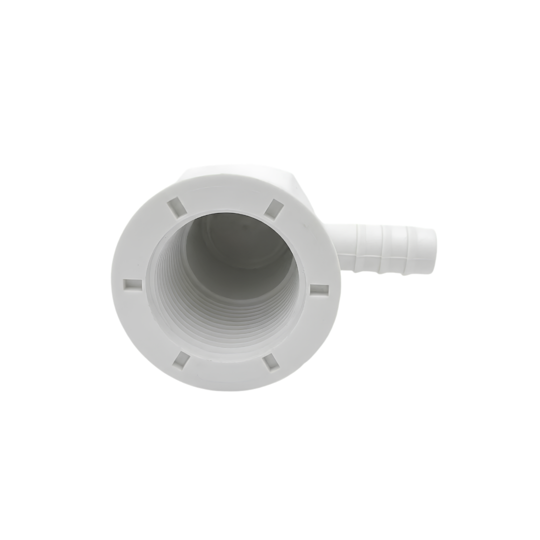 A straight top down view looking into the circular female internal threads of a white plastic replacement air injector body compatible with Pentair spa jets showing the barbed plumbing hose connection