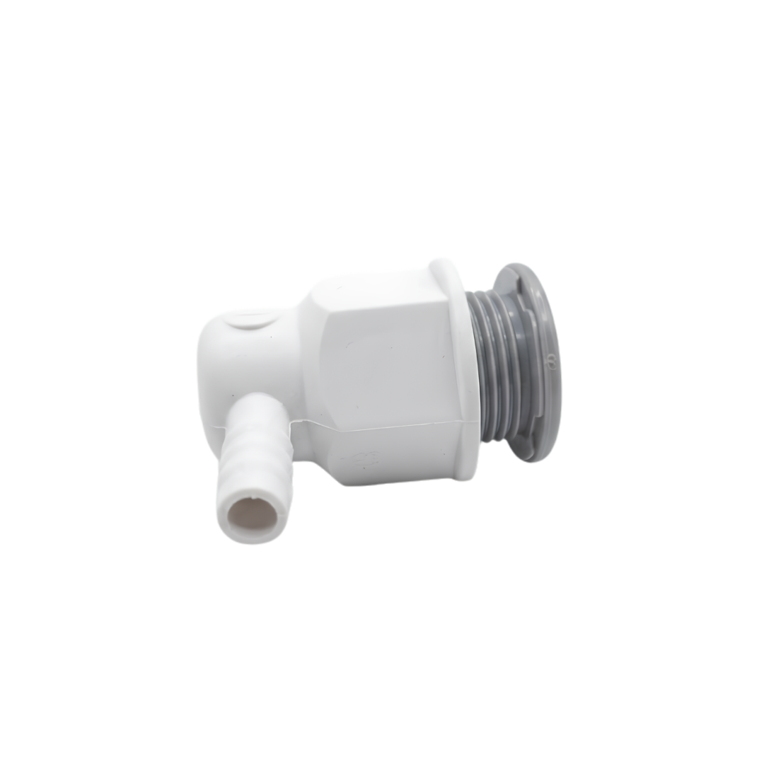A horizontal side profile view of an assembled grey Pentair spa air injector showing the grey face nozzle plug threaded into the white body with a 90 degree barbed plumbing barb