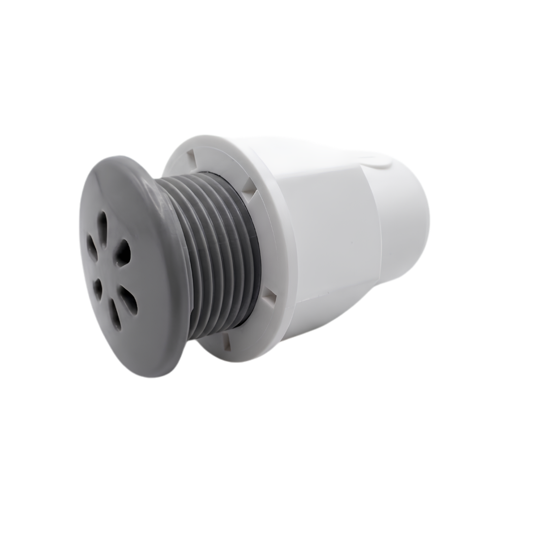An angled close up view of an assembled grey Pentair spa air injector with the scalloped face nozzle partially unscrewed to reveal the grey male thread pattern entering the white plastic body