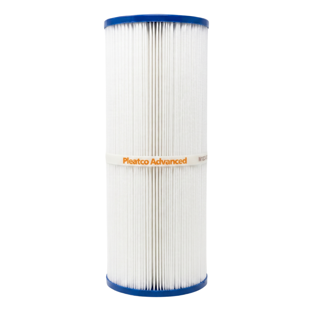 Full front profile view of a Pleatco Advanced 50 Sq Ft replacement filter cartridge with a central support band for Artesian and South Seas spas