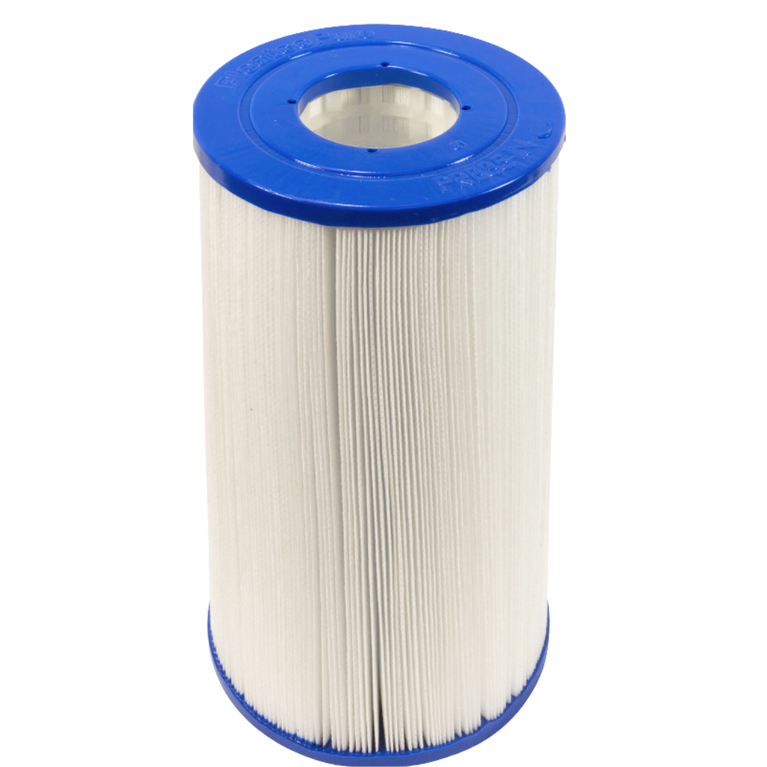High angle front view of a Pleatco PRB35-IN 35 Sq Ft replacement filter cartridge for Dyno Flo Tonga spas showing the open blue top end cap